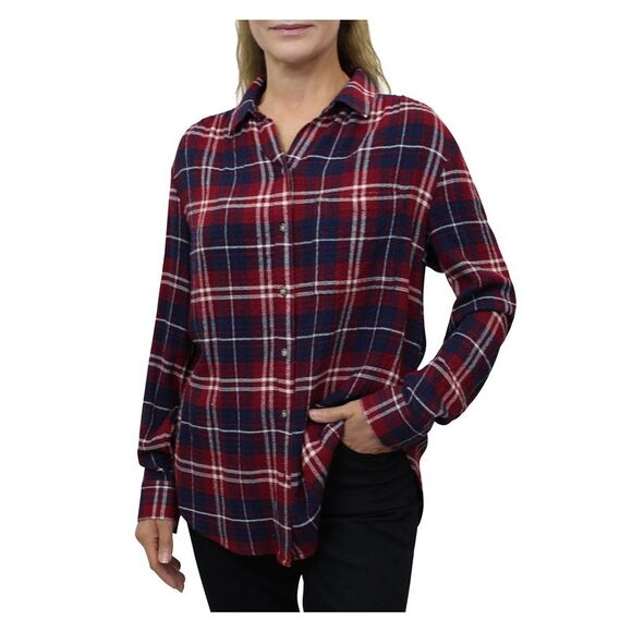 BEACHLUNCHLOUNGE COLLECTION Womens Burgundy Plaid Cuffed Sleeve Button Up Top XS - Picture 1 of 2